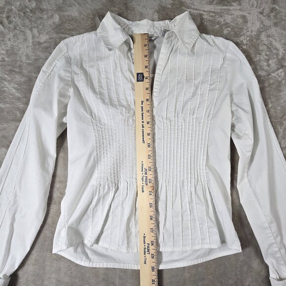 Quizz Stretch White Pintuck Blouse Hook Front Fitted Long Sleeve Size M - Picture 3 of 10